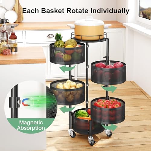 5 Tier Fruit Vegetable Basket Stand for Kitchen, Rotating, Black
