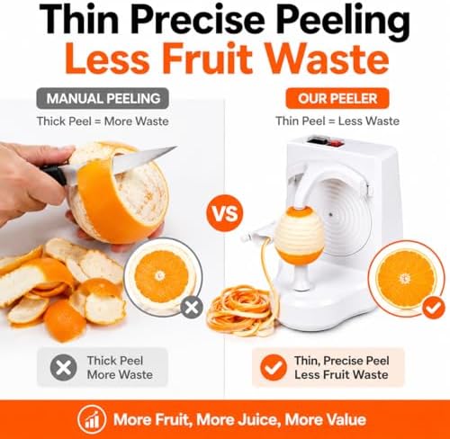 Electric Orange Peeler Automatic Fruit and Vegetable Peeler Machine, Peels Apples, Potatoes, Citrus, Stainless Steel Blade, Compact White (White)