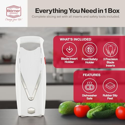 Swissmar Börner VPower V-Slicer Mandoline – Professional Kitchen Tool with Adjustable Thickness – Precision Food Slicer for Vegetables, Julienne, Shredding – Includes Safety Holder & Inserts - White - Image 2