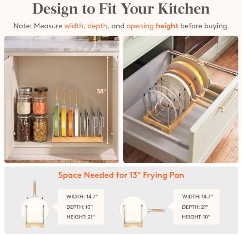 Bamboo Pot Lids Organizer Inside Cabinet, Pan Organizer, 8 Dividers