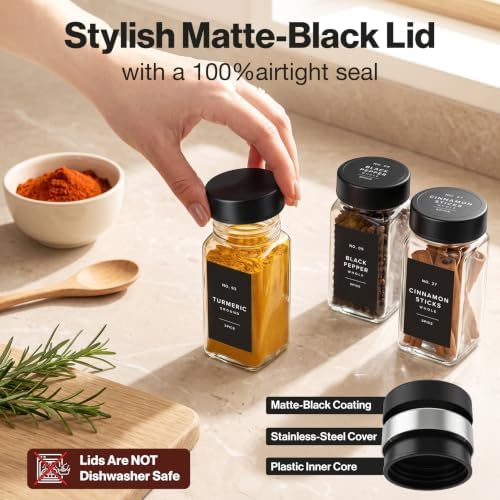 Glass Spice Jars with Label, Seasoning Set, 24x Black Steel Lids