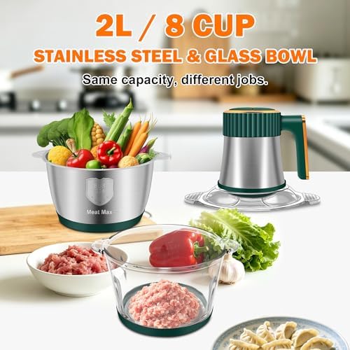 Food Processor, 5 Speed Meat Grinder with 2 Bowls(8 Cup+8 Cup), Green - Image 2