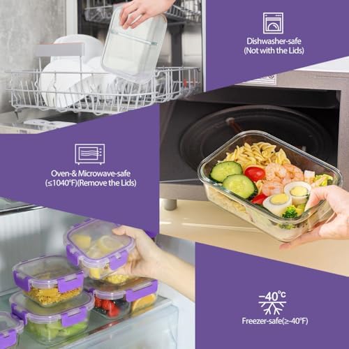 42pcs Glass Food Storage Containers with Lids Set, 21 Containers & 21 Lids Glass Meal Prep Containers with Snap Locking Lid Set, Leak Proof Lunch Container BPA-Free,Purple
