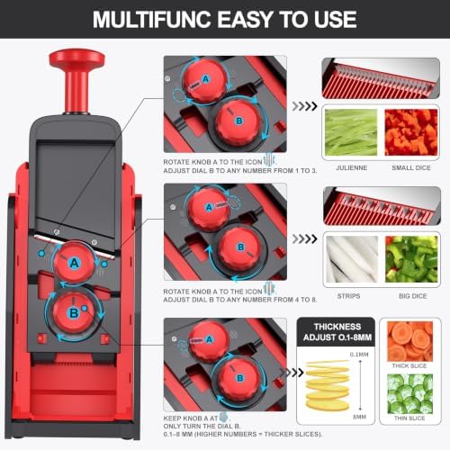 SupMaKin Safe Mandoline Slicer for Kitchen,Pptato Slicer, Vegetable Onion Chopper, French Fry Cutter, Adjustable Thickness, Julienne & Dicer Salad Chopping Artifact (4V RED) - Image 4
