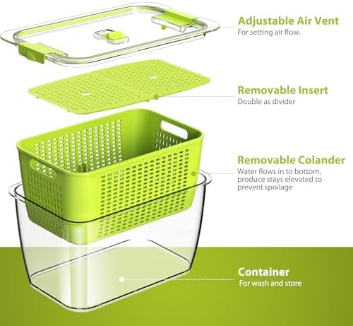 Fresh Container, 3PACK Produce Saver Container BPA Free Fridge Organizer for Vegetable Fruit and Salad Partitioned Food Storage Container with Vents Stay Fresh Containers Not Dishwashers Safe