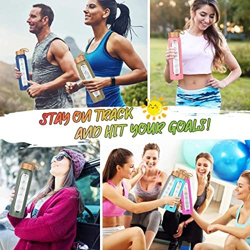 Glass Water Bottles 32 Oz with Silicone Sleeve - BPA Free Reusable Wide Mouth Glass Motivational Water Bottles with Fruit Infuser – Leak Proof Borosilicate Water Bottle with Time Marker (Green)