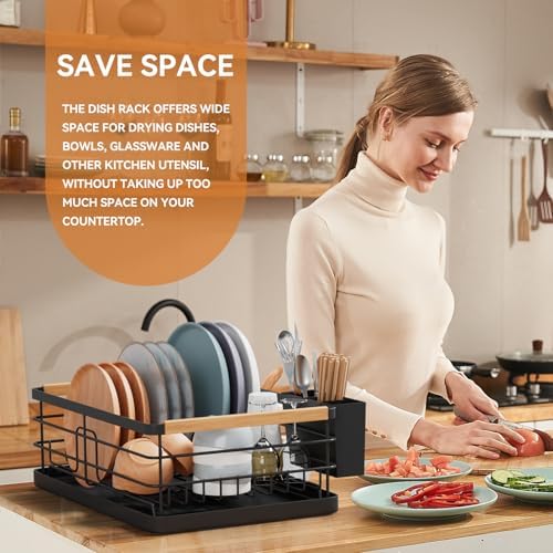 Dish Drying Rack, Dish Racks for Kitchen Counter, Stainless Steel Dish Drainer with Removable Cutlery Holder & Drainboard, Black