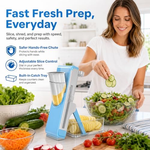 Safe Mandoline Slicer for Kitchen, Vegetable Slicer with Container, French Fry Cutter, All in 1 Julienne Slicer for Potato, Thickness Adjustable, Detachable Blade (Light gray-blue) - Image 4