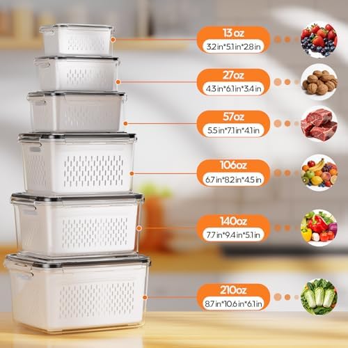Fruit Storage Containers for Fridge, 6 Pack Plastic Food Storage Container