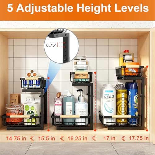Under Sink Organizer, 2 Pack Height Adjustable Under Sink Organizers and Storage, 2 Tier Pull Out Drawer Cabinet Storage for Kitchen Bathroom