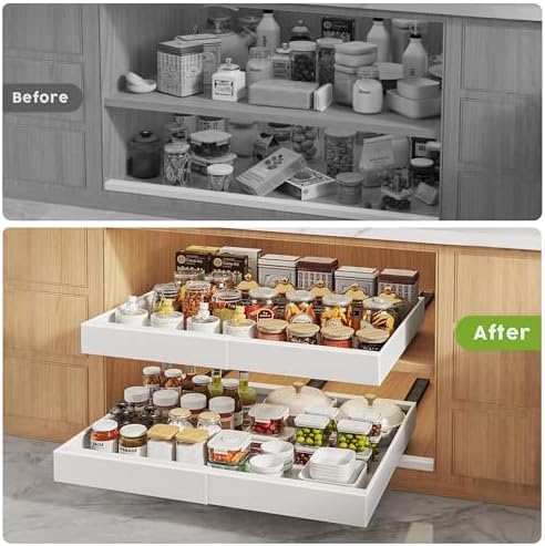 2 Pack Pull Out Cabinet Organizers 21"Deep with Raising Pad for Framed Cabinets,Expandable Slide Out Drawers Upgrade 3 Slide Rails,Roll Out Shelves Adhesive,Adjustable Width 12"-20.45" White