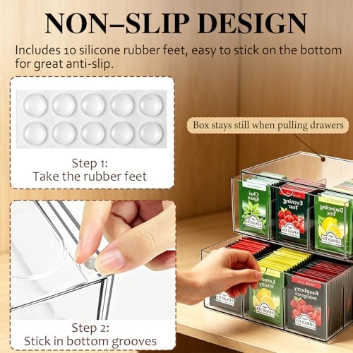 2 Pack Tea Bag Organizer, Tea Bag & Coffee Pod Drawer Storage with 9 Grid, Acrylic Stackable Holder Organizer for Cabinet Countertop | Drawer Container Storage Bins for Kitchen (9+9 Grid)