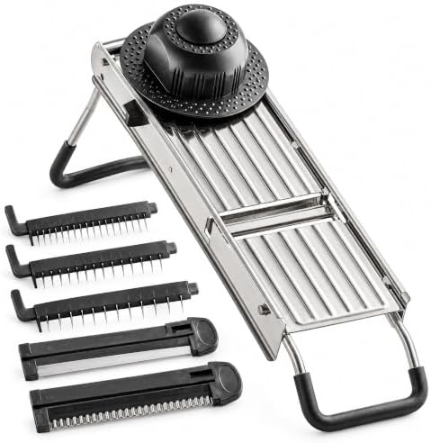 19.5 Inch Stainless Steel Mandoline Slicer, Silver, 5 Blades, 4 mm to 10 mm Adjustable, Crinkle Julienne Cuts, Dishwasher Safe by GLOWNARY