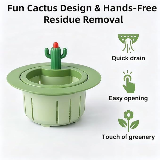 Cactus Kitchen Sink Drain Strainer, 2026 Upgrade Press Automatic Dumping Basket, Multi-Functional Anti-Clogging Kitchen Drainer With Lifting Handle (Green)