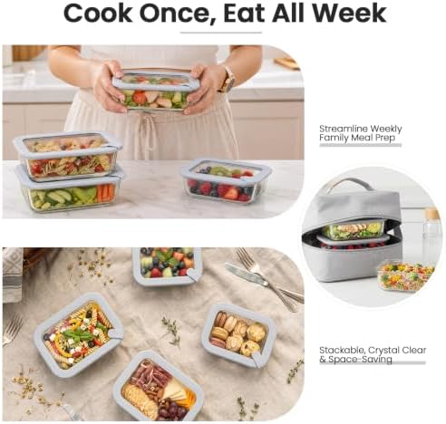 Glass Food Storage Containers with Glass Silicone Lids,22/35oz,Grey