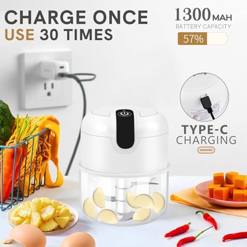 Electric Garlic Chopper, 250ml Mini Food Processor, USB Rechargeable Garlic Mincer, Wireless Small Food Chopper for Onion, Veggie, Ginger, Chili, Fruit, Meat