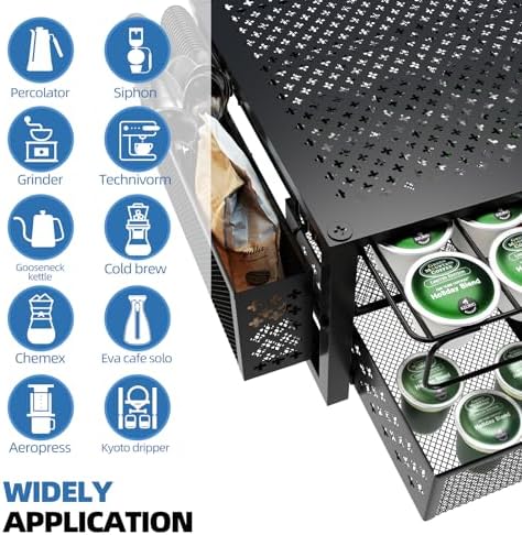 Coffee Pod Holder for K Cups, with 2 Tier Slidng Storage Drawer and Coffee Accessories Holder, 63 Large or 80 Small Capsule Organizer, Black