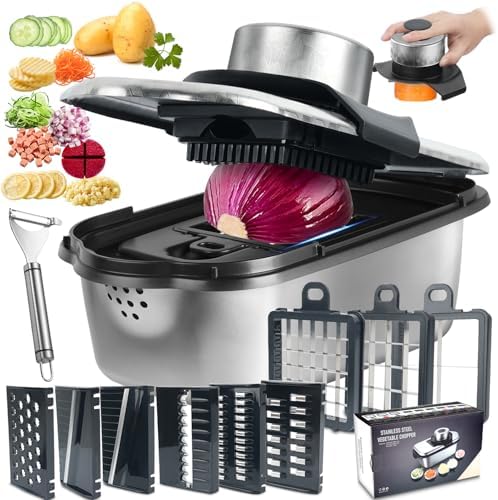 10 in1, 8 Blade Vegetable Chopper Food Grade Stainless Steel, Onion Mincer, Cutter, Dicer, Egg Slicer with Container, French Fry Cutter Potato Slicer, Home Essentials, Salad Chopper (Print Silver) by Ecopandy