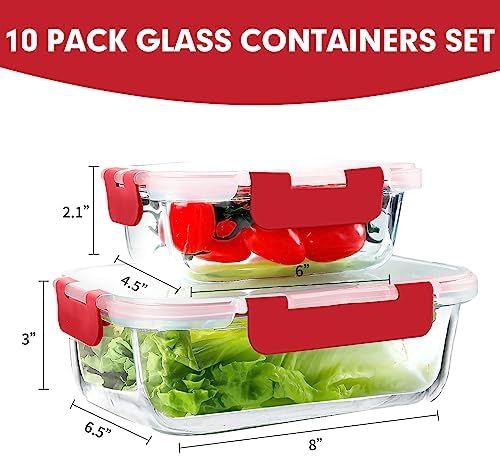 10 PACK Glass Meal Prep Containers Set with Lids, Red