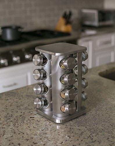 Revolving Spice Rack - Seasoning Storage with 16 Jars - Modern Stainless Steel Spinning Tower for Kitchen Countertop - Rotating Spice and Pantry Holder with Pre-Printed Labels - Square