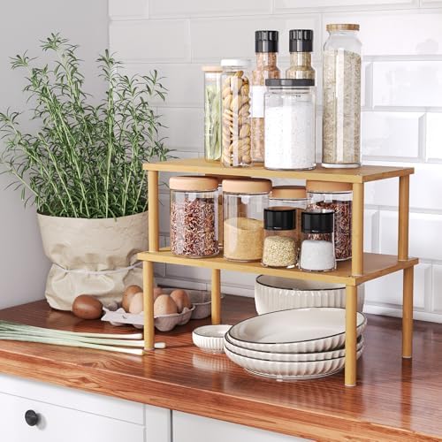 2 Pack Cabinet Organizer Shelf,Bamboo Countertop(Large,Natural)