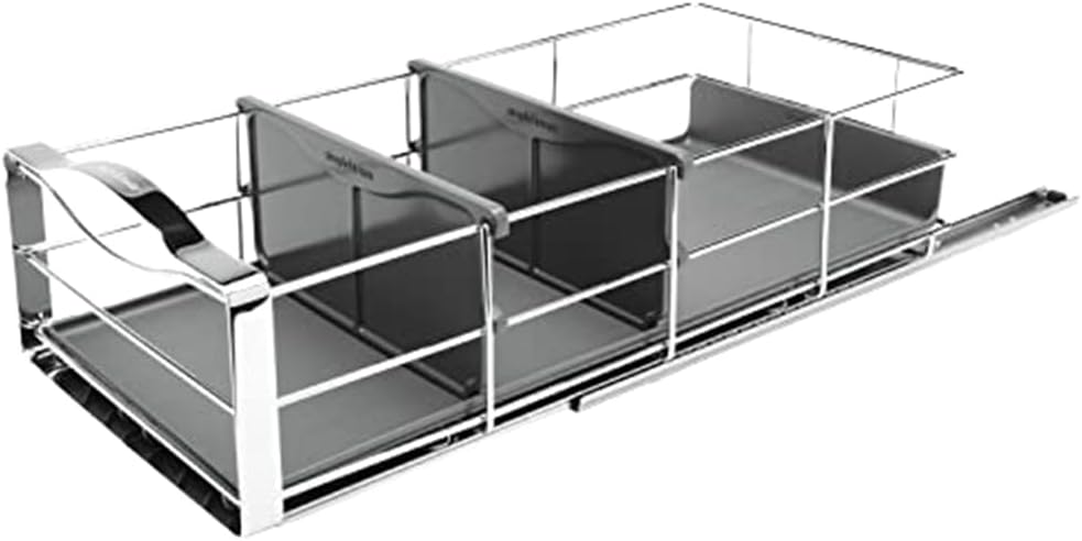 simplehuman 9-Inch Pull-Out Cabinet Organizer, Under Cabinet Sliding Drawer for Kitchen Bathroom, Heavy-Gauge Steel Frame, Removable Drip Guard, Ball-Bearing Tracks, Grey Plastic