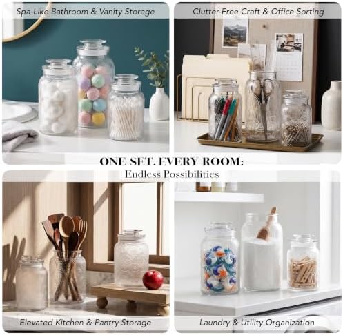Clear Glass Kitchen Canister Set, Retro Design 3PC, 34-54oz
