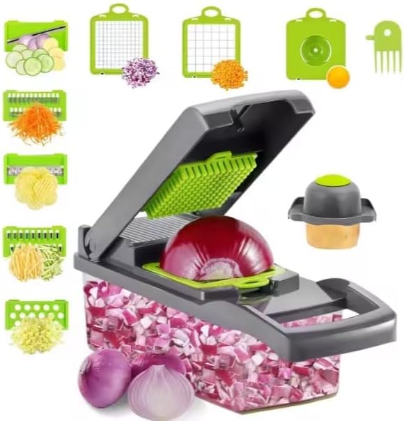 Vegetable Chopper and Slicer, 15-in-1 Manual Food Dicer with Container, Stainless Steel Blades, Gray and Green by Unknown