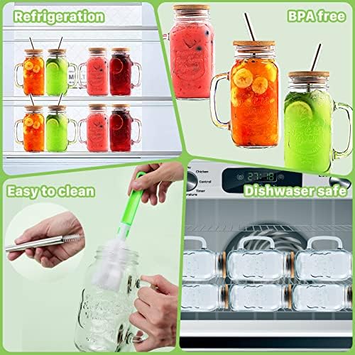 4 Pack 24 OZ Mason Jar Cups with Handle,Reusable Mason Jar Drinking Glasses,Mason Jars Mugs with Bamboo Lids and Stainless Steel Straws,Regular Mouth Glass for Iced Coffee Large Pearl Juices