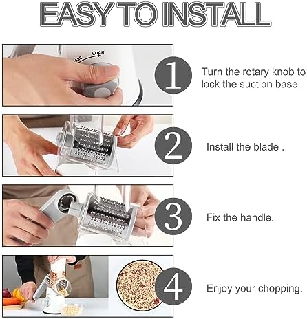 Rotary Cheese Grater Hand Crank, Kitchen Shredder Speed Mandolin Slicer Nuts Grinder with Handle and Drum Blades for Cheese, Vegetable, Walnuts, Chocolate, Potato, Carrot, 3 Blades, White
