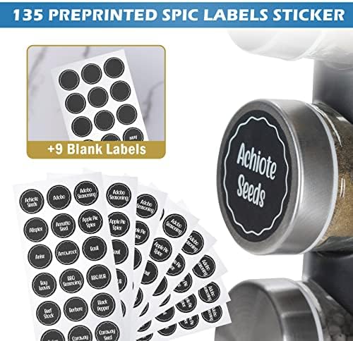 Black Countertop Revolving Spice Rack, Empty 20-Jars Rotating Spice Rack Organizer, Round Carousel Tower, 135 Spice Labels with Funnel Complete Set, for Kitchen Countertop, Cabinet