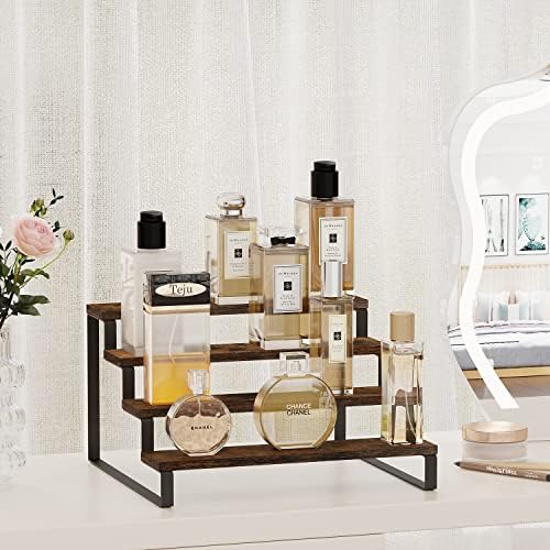 Wooden Display Riser Stand, Tiered Perfume and Cologne Organizer Stand, 4 Tier Spice Rack Organizer, Rustic Display Shelf for Candles (4 Tier)