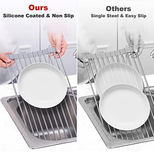 Roll Up Dish Drying Rack, Over The Sink Dish Rack Foldable, Heat-Resistant, Anti-Slip Silicone Coated Steel Dish Drainer for Kitchen Sink, Multipurpose Roll Up Sink Drying Rack, 17.5" x 13"