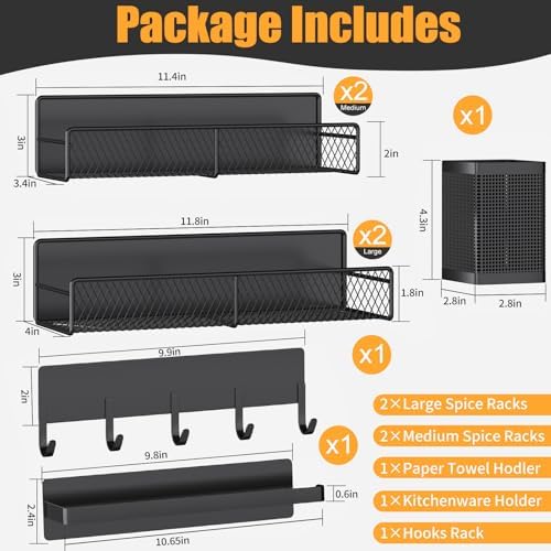 Magnetic Spice Rack for Refrigerator, 7 Pack Metal Shelf Black, Moveable Organizer with Hook Rack, Paper Towel Holder, Kitchenware Strong Storage Fridge