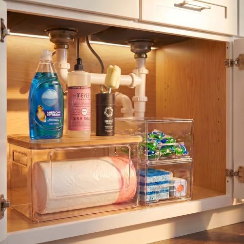 Under Sink Organizer 3 in 1, Stackable Acrylic Bathroom Storage, Trash Bag Dispenser and Dishwasher Pods Holder for Kitchen and Laundry Room Organization