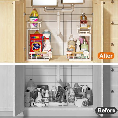 Under Sink Organizer, White 2 Pack Height Adjustable