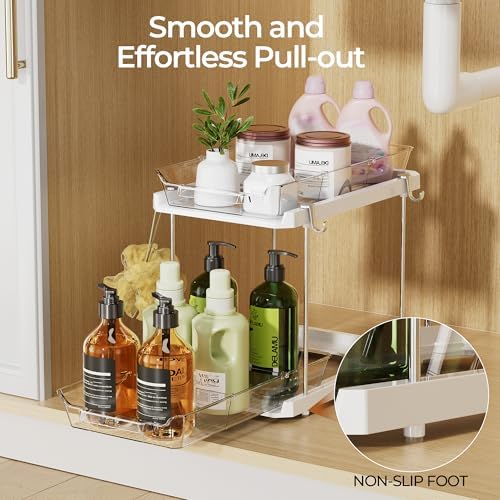 2 Tier Under Sink Organizer Bathroom, Bathroom Cabinet Organizer with Snap-Lock Design and Hooks, Pull Out Storage with Movable Dividers, for Countertop, Kitchen and Pantry (White, 4 Pack)