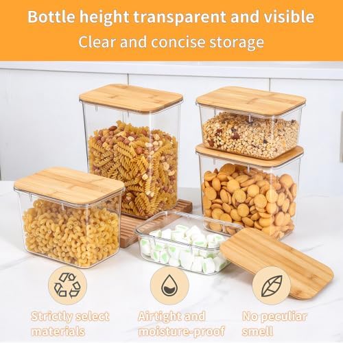 Five grain and miscellaneous grain food sealed jar, coffee bean storage jar, square transparent bamboo lid molded material storage jar, storage container (Set of 5)