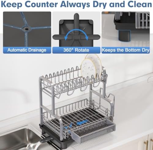 Dish Drying Rack for Kitchen Counter, Dish Drainer with Drainboard