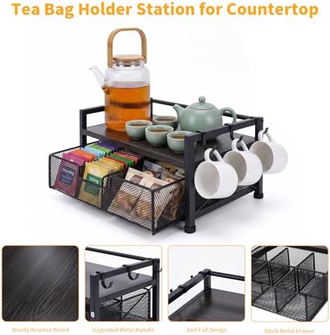 Tea Bag Organizer,Coffee Bar Organizer,Teabag Holder & Coffee Station with Storage Drawer,Wood Tea Station Chest Display Container Box for Countertop Kitchen (Grey)