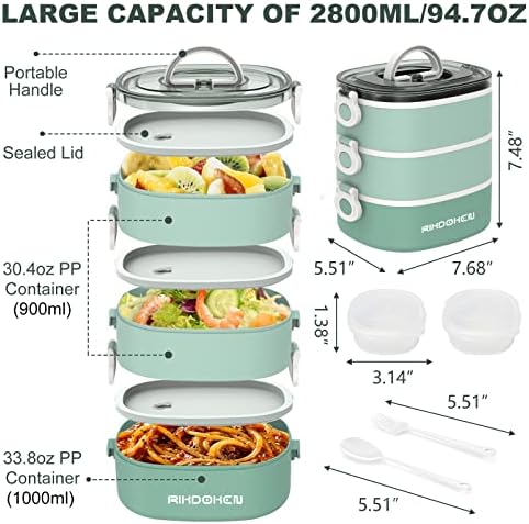 Lunch Box, Stackable 3 Layers Containers, Portable 94OZ Large Capacity Leakproof Bento Box with Spoon & Fork & Sauce Boxes, Microwave Safe Lunch Box for Kids and Adults