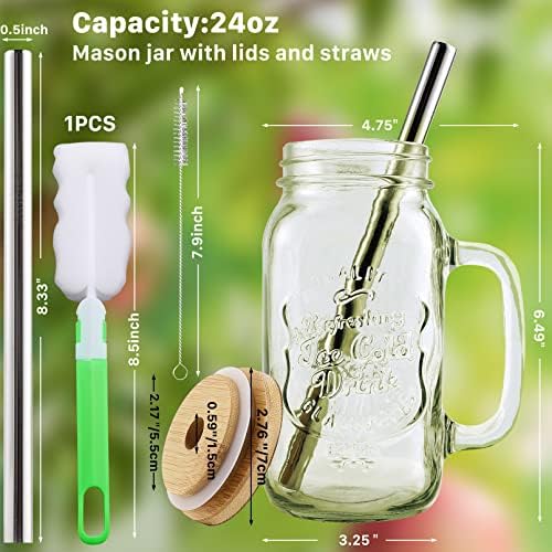 4 Pack 24 OZ Mason Jar Cups with Handle,Reusable Mason Jar Drinking Glasses,Mason Jars Mugs with Bamboo Lids and Stainless Steel Straws,Regular Mouth Glass for Iced Coffee Large Pearl Juices