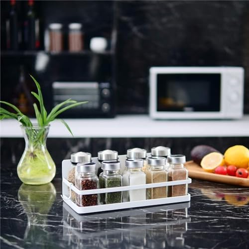 Magnetic Spice Rack, Strong Magnetic Shelf with 4 Removable Hooks, Perfect Space Saver for Small Kitchen/ Apartment, Awesome Metal Cabinet for Holding Spices, Jars, Bottle(White, 2Pack)