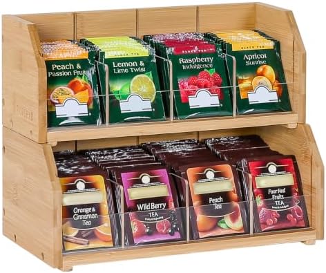 2-Layer Stackable Bamboo Tea Bag Organizer Storage Holder, Natural