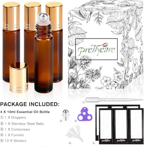 PrettyCare 4 Pack Amber Glass Oil Roller Bottles for Essential Oils 10ml, Roll On Bottles with Stainless Steel Roller Ball Leak-Proof Perfume Travel Refillable Bottle Empty, Beauty & Personal Care - Image 2