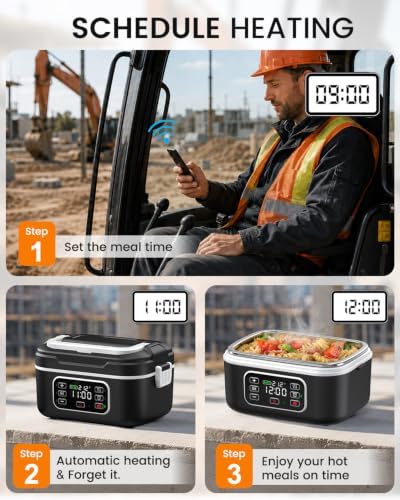 APP Control Cordless Electric Heated Lunch Box for Adults, 6.3 Cup 27000mAh Rechargeable Smart Self Heating Lunchbox, 100W Fast Heating Portable Food Warmer for Men Women Worker, Truckers, Offices