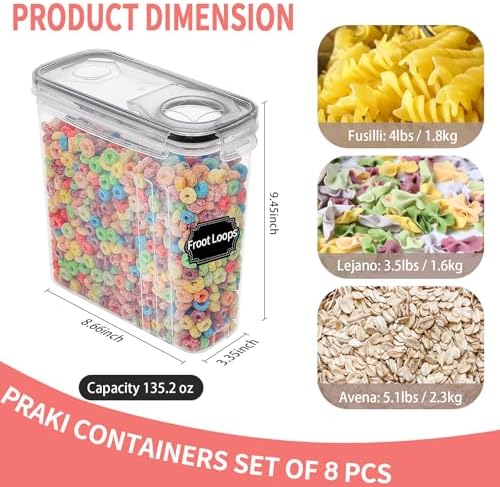Cereal Containers Storage Set (4L,135.2 Oz), 8PCS Airtight Food Storage Containers with Lids for Kitchen & Pantry Organizers and Storage, Cereal Dispensers with 20 labels, Measuring Cup & Marker