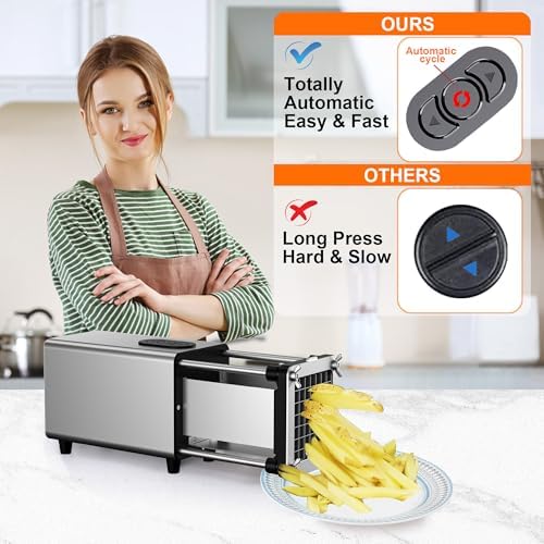 Electric French Fry Cutter, 1/2 & 3/8 Inch Interchangeable Stainless Steel Blades Automatic Potato Cutter, Commercial & Household Potato Slicer, Use for Potatoes Onion Cucumbers