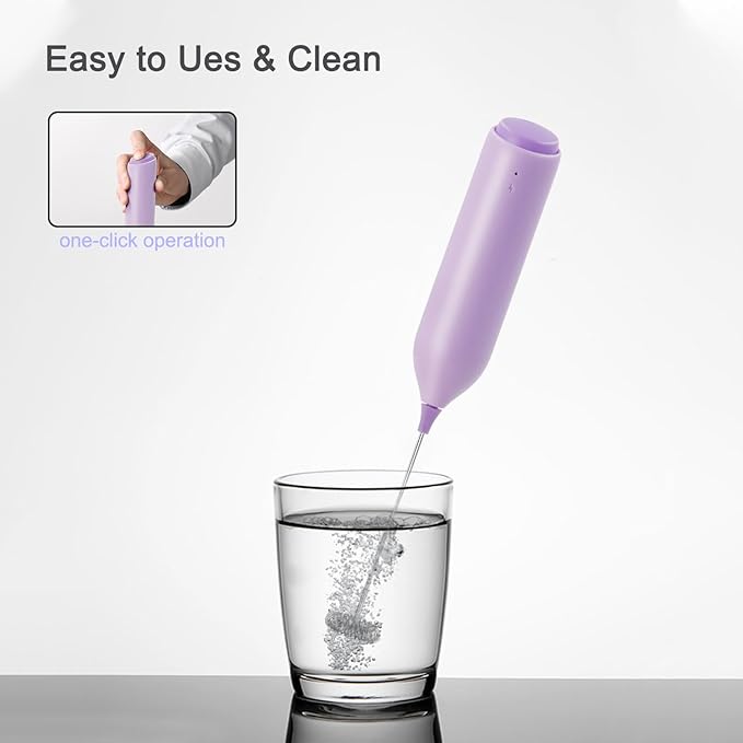 Rechargeable Coffee Frother by ELMWAY, Electric Milk Frother with Charging Stand & Wall Mount, Handheld Drink Mixer, Foam Maker for Coffee, Matcha - Purple