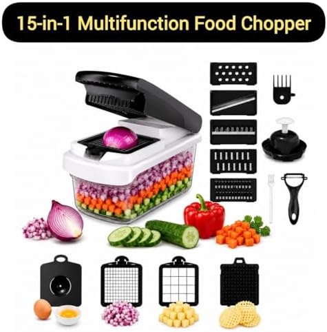 15-in-1 Vegetable Chopper and Mandoline Slicer with Container, Multifunction Food Chopper, Onion Cutter, Veggie Dicer, Fruit Slicer, Kitchen Gadget with Stainless Steel Blades, Black - Image 6